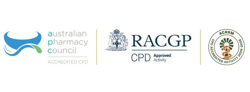 Accredited CPD: Australian Pharmacy Council, RACGP CPD Approved Activity, and ACRRM CPD Accredited Activity 2026-2028